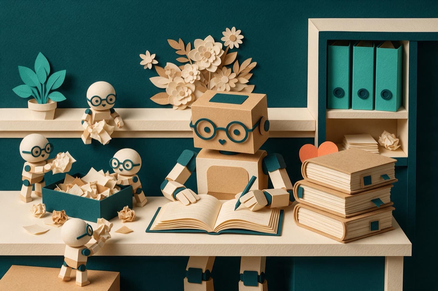 A paper robot with round glasses writes into a large bound ledger while smaller robots drop loose crumpled notes into an in-tray beside it; three neat teal folders sit on a shelf