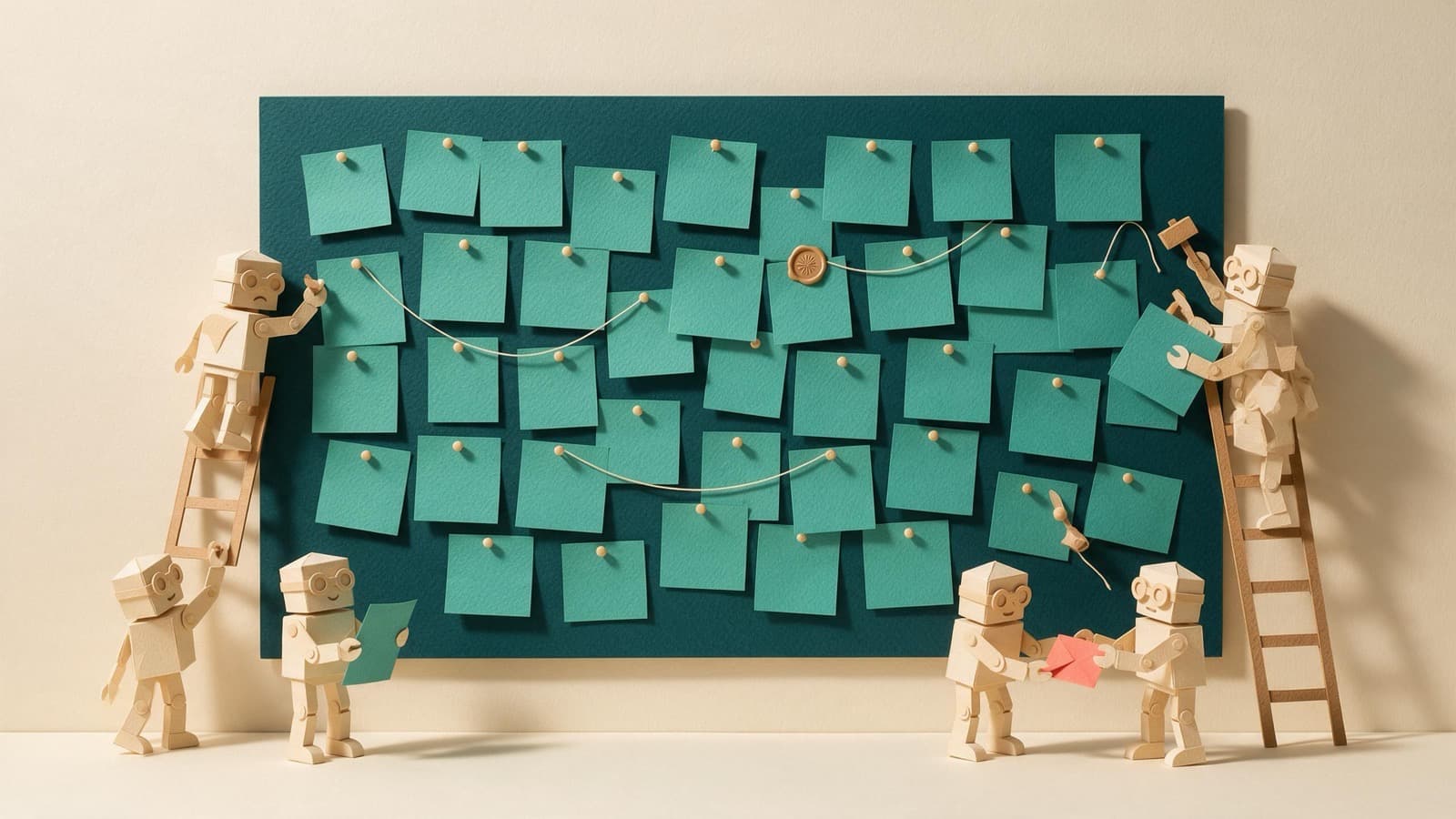 A paper board pinned with dozens of notes; small paper robots pin new notes, read them, pass a note between two of them, and one climbs a ladder to reach the top row