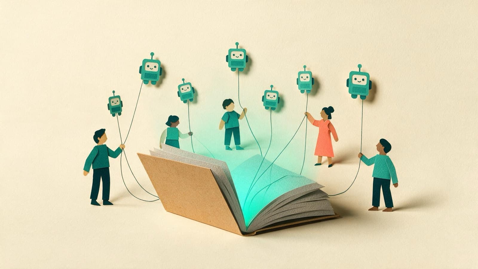 Five people each holding a string to their own agent, with every string also running into one shared open book: the agent org chart on one knowledge base