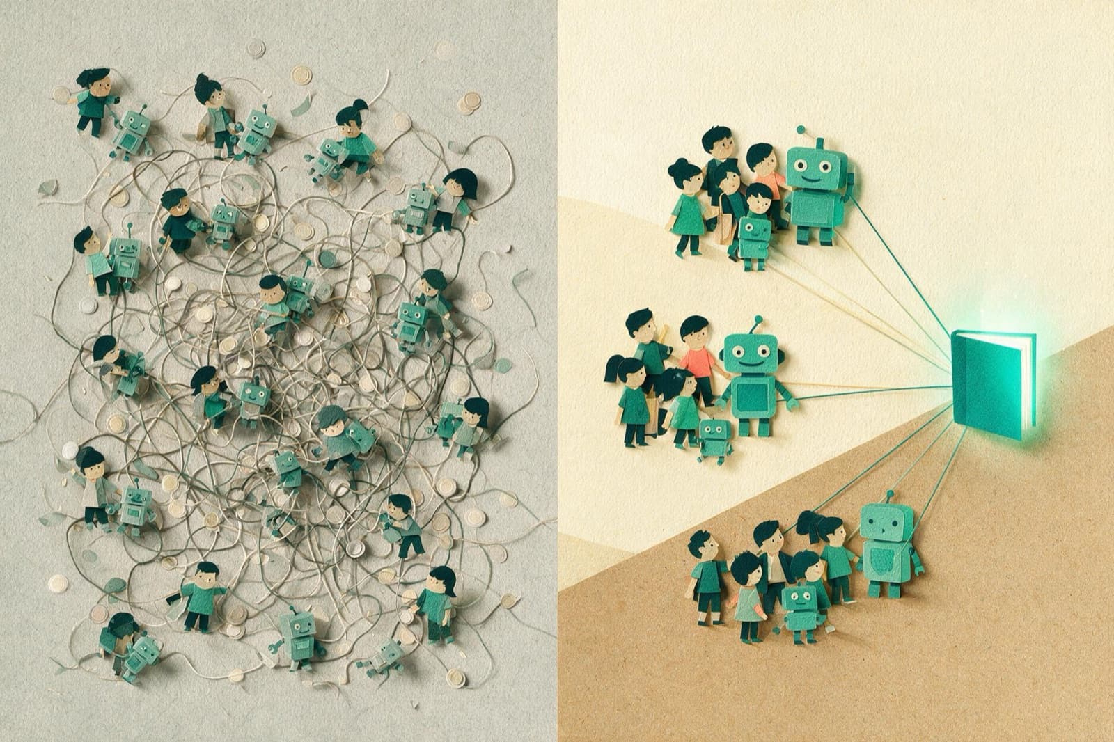 Left: fifteen people each tangled in strings to their own small agent, coins scattered. Right: the same people in three groups, each sharing one agent connected to a single knowledge base
