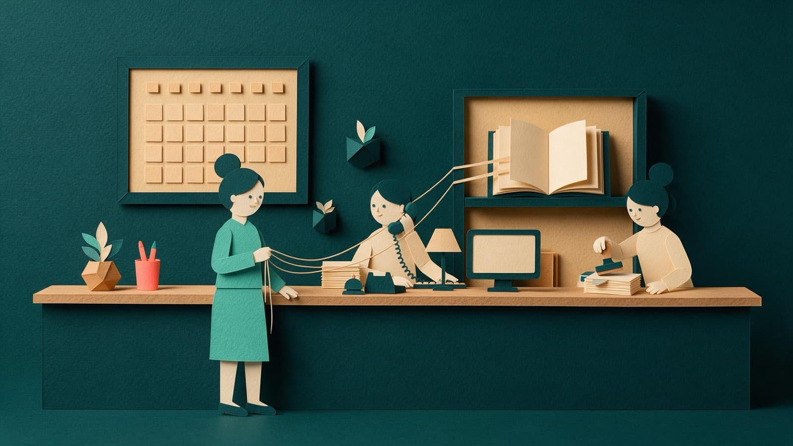 A small-business owner at a front desk holding three strings; each string runs to a helper (one on the phone, one at the calendar, one stamping invoices) and every helper is also tied to one open book on the shelf