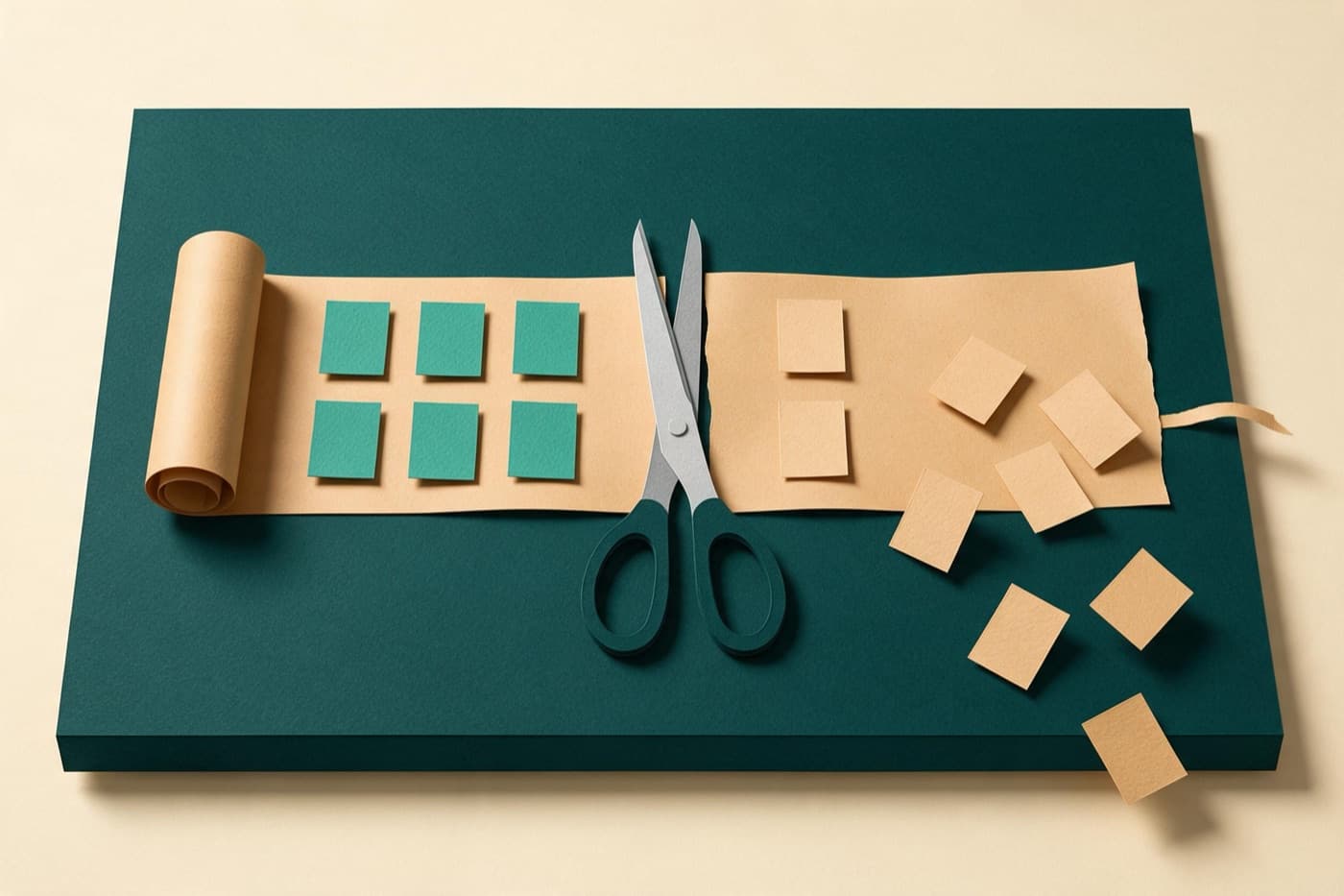 A paper scroll of task cards cut in half by scissors; the kept cards are teal and upright, the cut cards are plain paper drifting off the desk