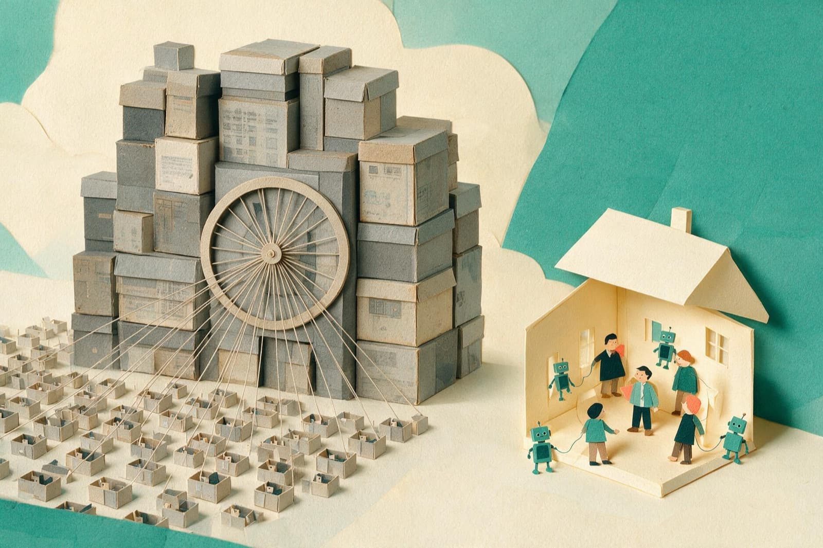 Left: a large grey corporate building with a central wheel and dozens of spokes to identical cubicles. Right: a small warm house with its roof lifted, one person at the center and four people around them each holding a small agent