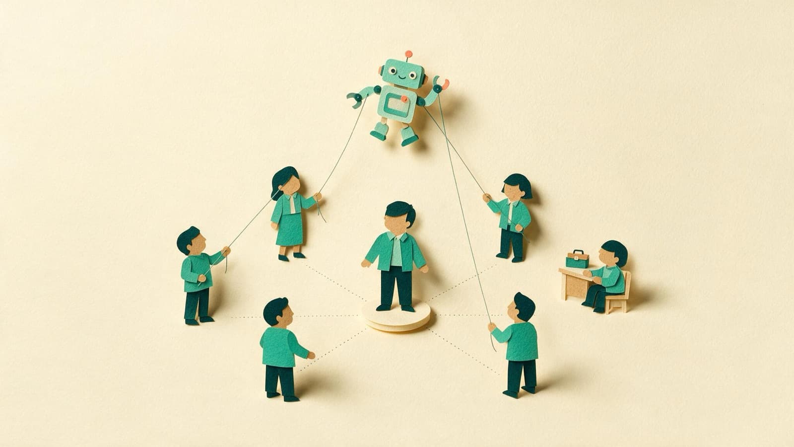 The owner standing at the center, four department heads around them each holding strings to their agents, and one person at a small desk running the system